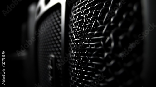 Close-up of a speaker grill, intricate metal mesh, black and white photography, abstract textures, audio equipment details, industrial design, sharp focus, dark background,