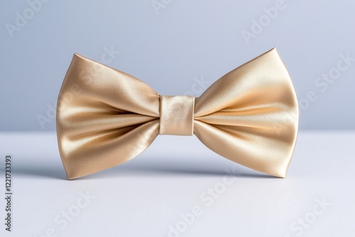 Glamorous celebrations of prom night concept. A stylish gold bow tie elegantly displayed against a soft background, showcasing its smooth texture and refined design.