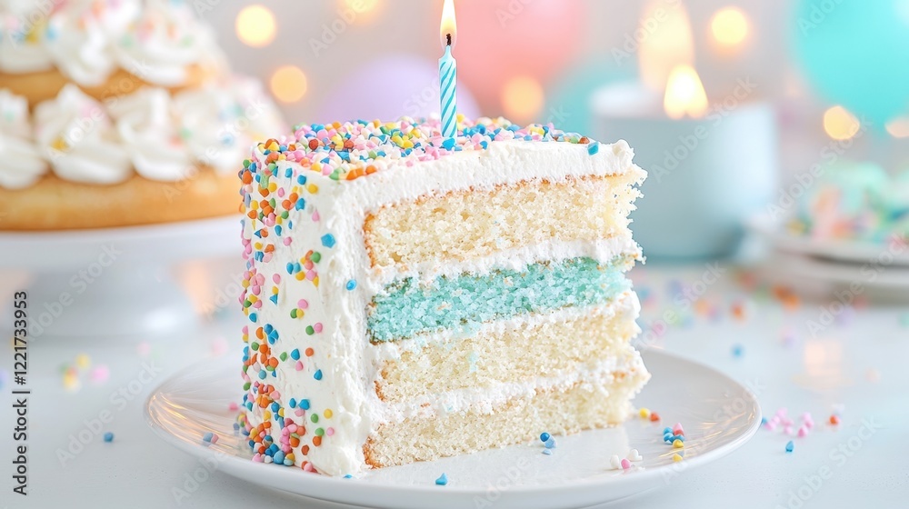 Colorful celebration cake slice with lit candle and sprinkles for birthday party Colorful celebration cake slice with lit candle and sprinkles for birthday party