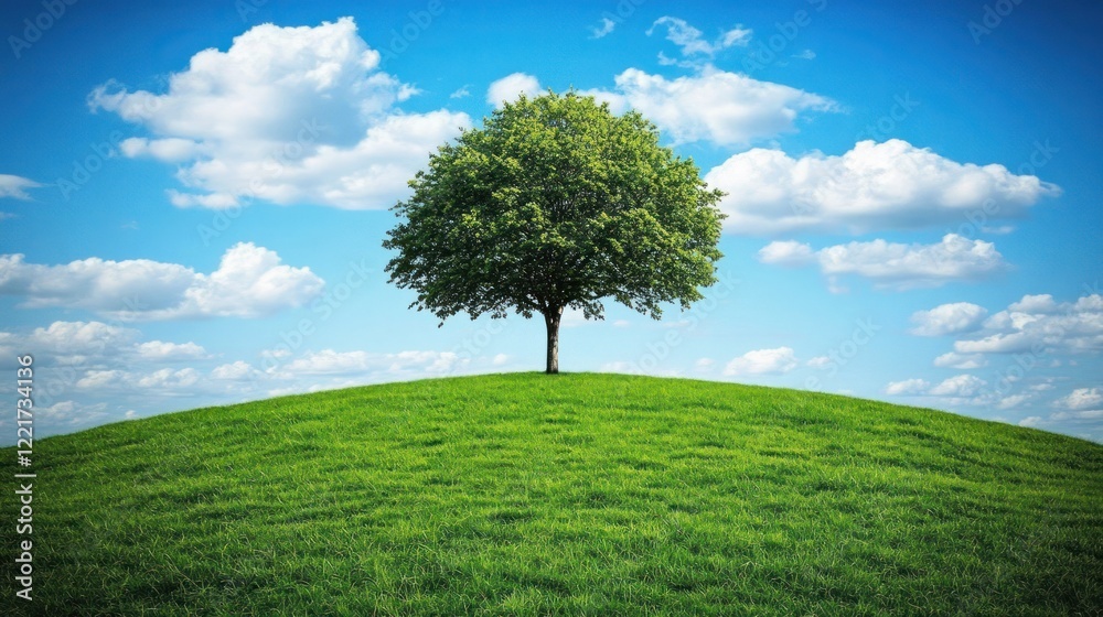 Lone tree atop green hill, blue sky, clouds, nature serenity, eco poster Lone tree atop green hill, blue sky, clouds, nature serenity, eco poster