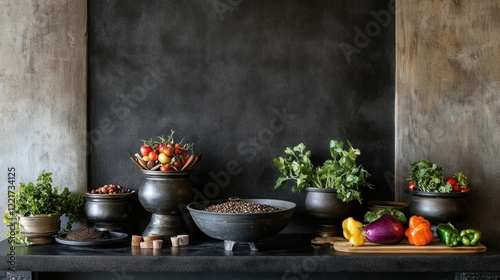 Rustic kitchen still life herbs, spices, peppers, dark background photo