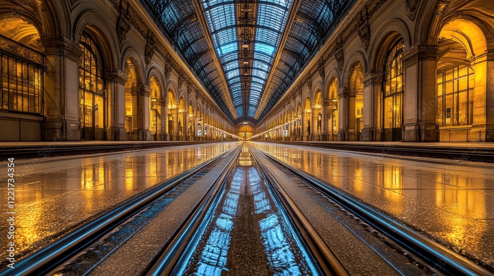 Obraz premium Parisian Train Station Interior, Night, Reflections, Empty Platform, Travel
