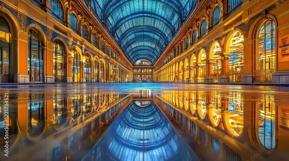 Obraz premium Nighttime arcade reflection, city center, shopping, glowing lights, architectural detail, travel