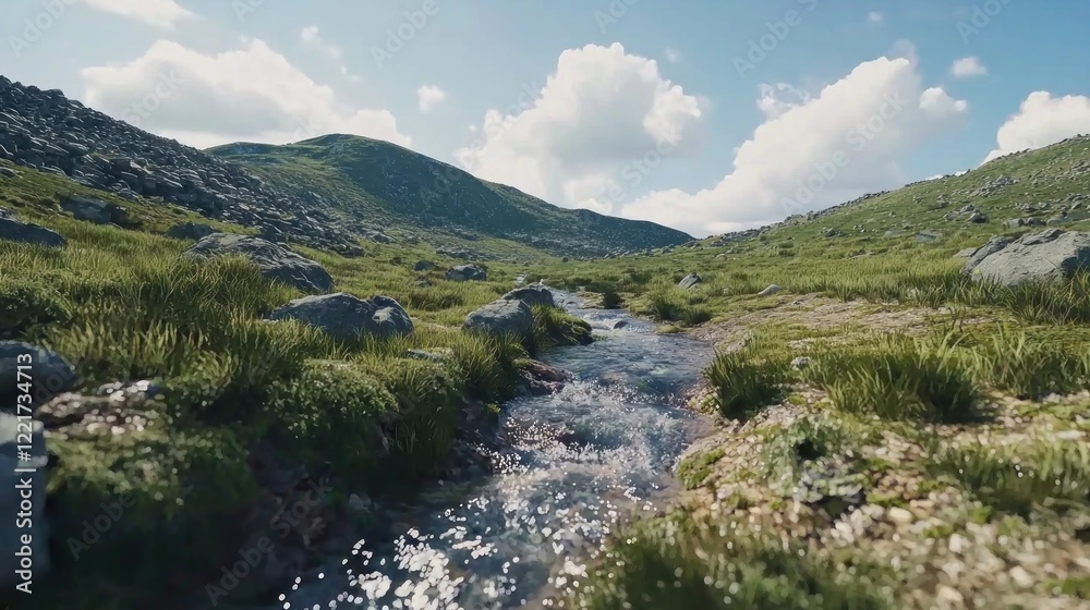 Mountain stream flows through grassy valley under sunny sky Mountain stream flows through grassy valley under sunny sky
