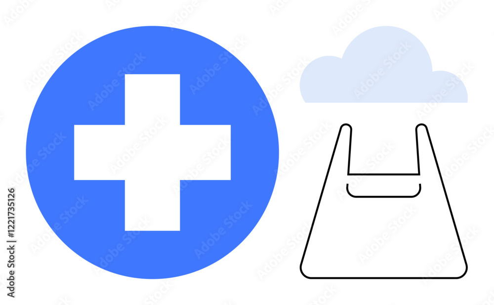 Obraz premium Blue circle with white cross next to cloud over shopping bag outline. Ideal for healthcare, medical supplies, online shopping, cloud storage, digital healthcare, e-commerce, technology. Minimalist
