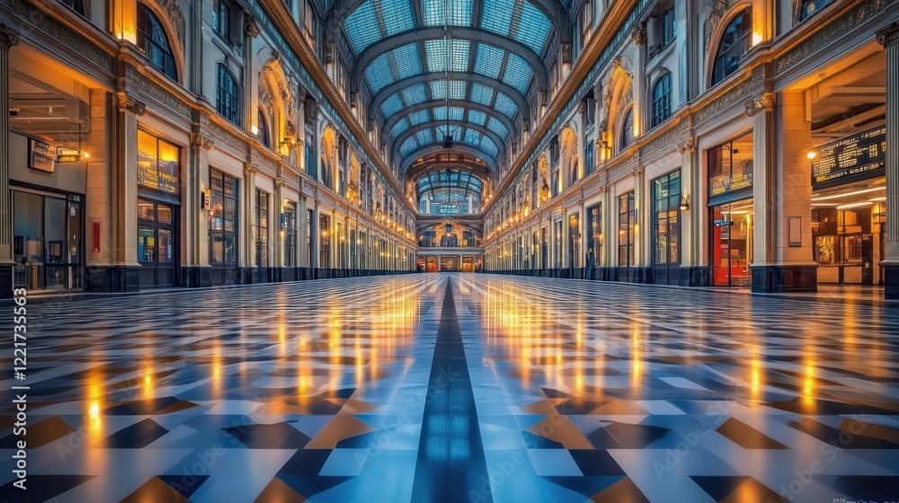 Fototapeta premium Elegant indoor market, city hall, evening, reflections, shopping