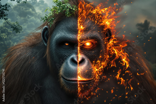 A Majestic Orangutan Split Between Serene Jungle and Fiery Inferno: A Dramatic Surreal Digital Art Portrait Showing the Duality of Nature and Power, Perfect for Fantasy, Mythology photo