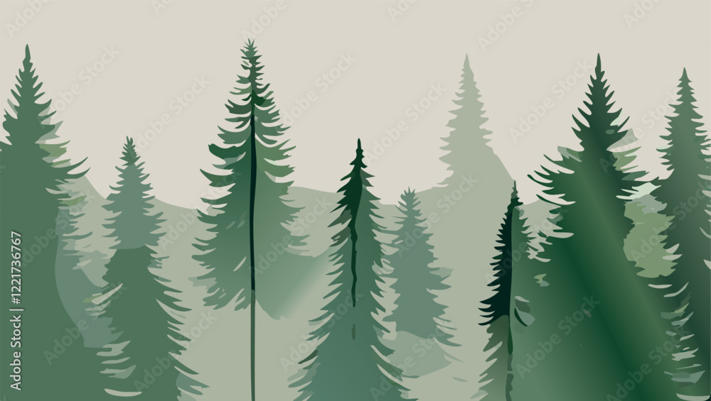 Obraz premium Foggy watercolor landscape with coniferous forest. Vector hand drawn illustration with mountains, fog, river, trees, birds and place for text. All elements, textures are individual objects