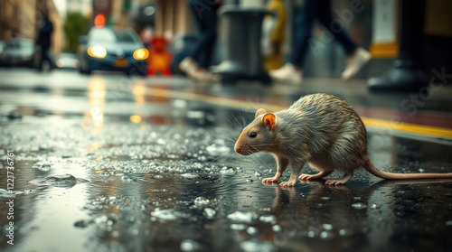 Fototapeta Naklejka Na Ścianę i Meble -  Close-up of street rat on wet pavement with blurred city background