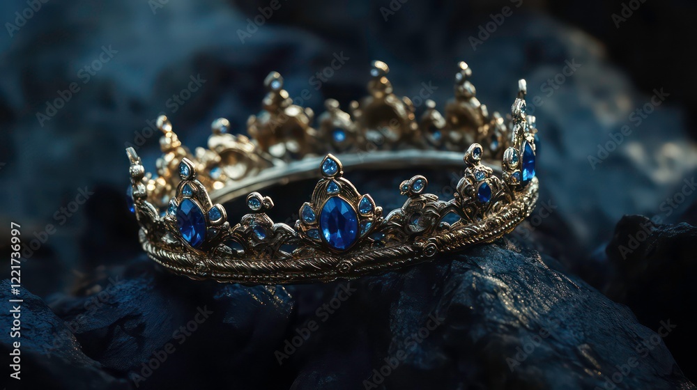 A gold crown, adorned with blue jewels, sits on dark rocks. A gold crown, adorned with blue jewels, sits on dark rocks.