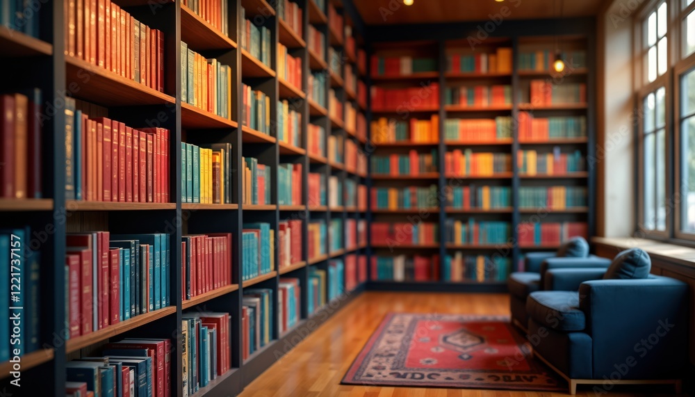 Fototapeta premium Modern library interior with colorful bookshelves. Books with vibrant covers line shelves. Cozy atmosphere with warm lighting. Relaxing reading area with comfortable chairs. Great for study