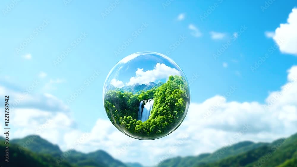 Floating Sphere in Sky Reflects Lush Landscape with Waterfall, Surrounded by Majestic Mountains and Clouds, Embracing Natures Tranquility. Floating Sphere in Sky Reflects Lush Landscape with Waterfall, Surrounded by Majestic Mountains and Clouds, Embracing Natures Tranquility.