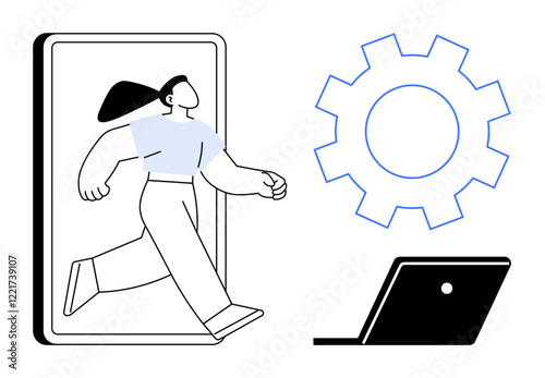 Woman stepping out of a tablet towards a gear and laptop. Ideal for themes of innovation, technology, progress, digital transformation, creativity, problem-solving, forward-thinking. Minimalist