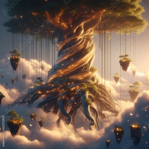 gargantuan tree’s roots spiral upward into the clouds