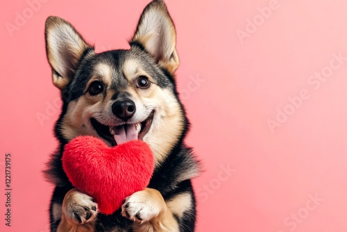 Swedish vallhund - my desired dog. Cute swedish vallhund hound with fluffy red heart - emblem of love, funny greeting card. Commercial concept art. Romantic valentine's day pet photos. photo