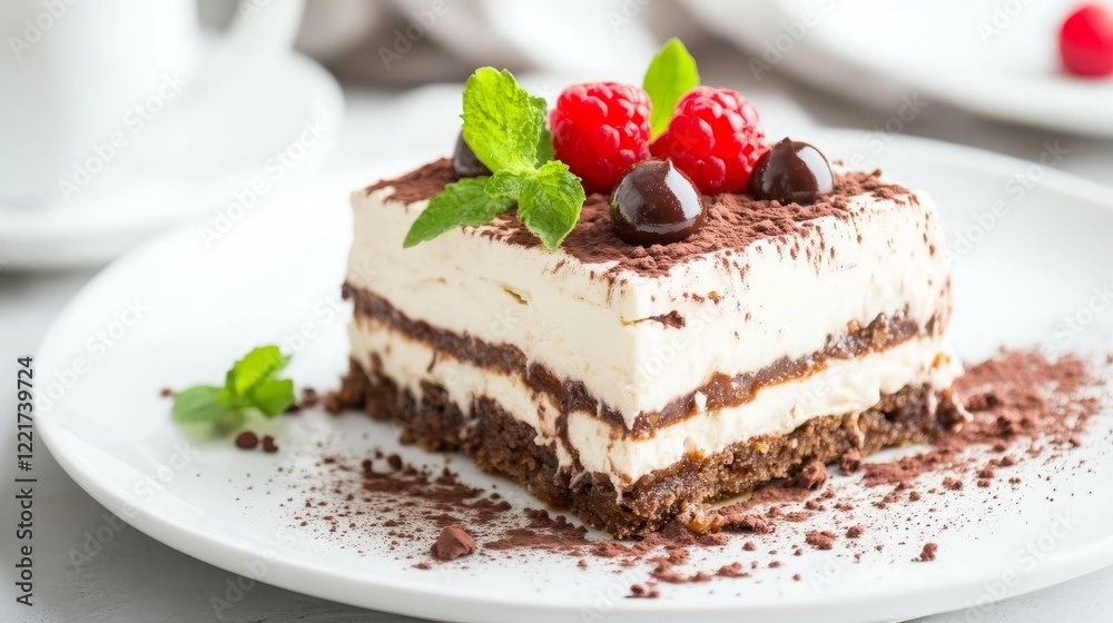 A slice of chocolate dessert topped with berries and mint on a white plate. A slice of chocolate dessert topped with berries and mint on a white plate.