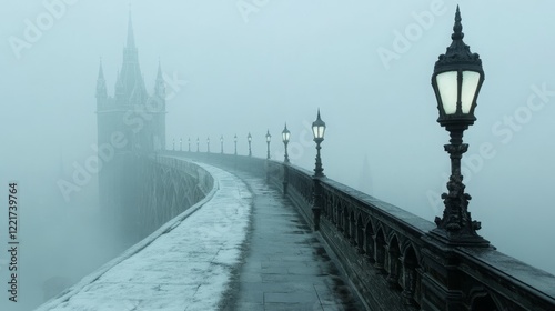 A foggy pathway leads to a castle, illuminated by vintage street lamps.