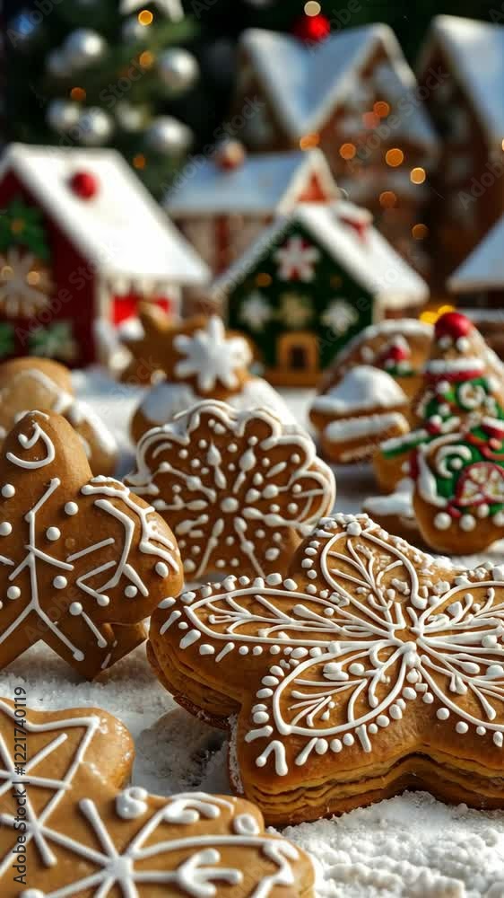 Holiday gingerbread cookies decorated with icing in a festive setting with gingerbread houses and lights
