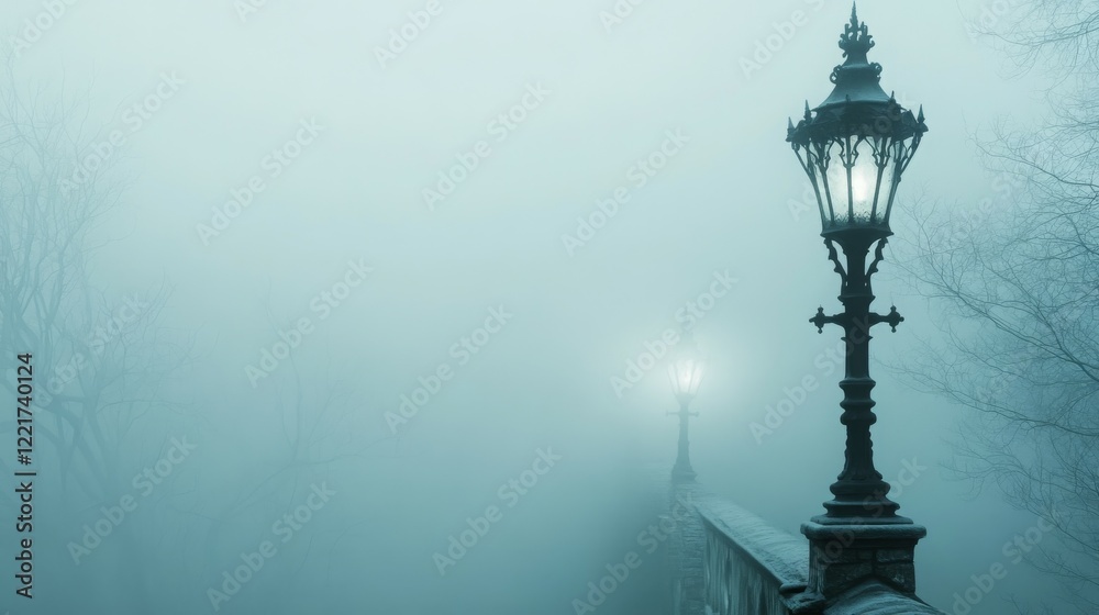Fototapeta premium A foggy scene with vintage street lamps illuminating a misty path.