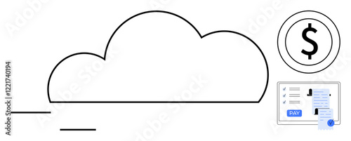 Cloud outline with lines next to dollar sign icon and online payment on screen. Ideal for cloud computing, data storage, online finance, digital transactions, e-commerce, fintech, technology
