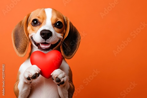 Cute beagle doggy with critter animal toy red heart - sign of love, funny greeting card. Beagle - my beloved dog. Ad campaign visual idea art. Puppy love. Love concept. Red heart animal theme. photo