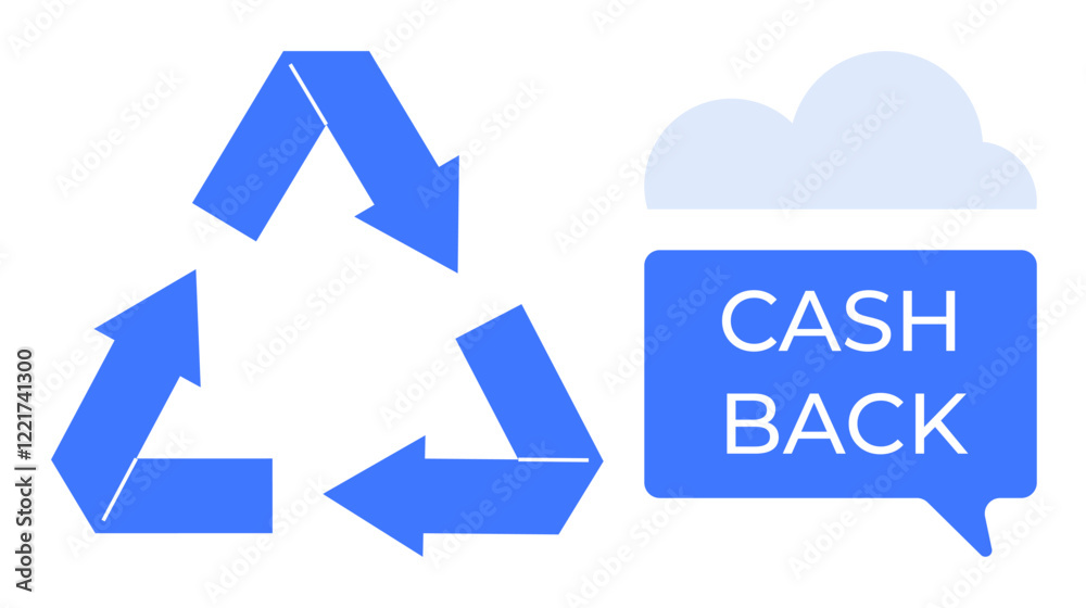 Blue recycling arrows and cash back text inside dialogue cloud. Ideal for sustainability, finance, eco-friendly investments, rewards programs, green initiatives, consumer benefits, environmental Blue recycling arrows and cash back text inside dialogue cloud. Ideal for sustainability, finance, eco-friendly investments, rewards programs, green initiatives, consumer benefits, environmental