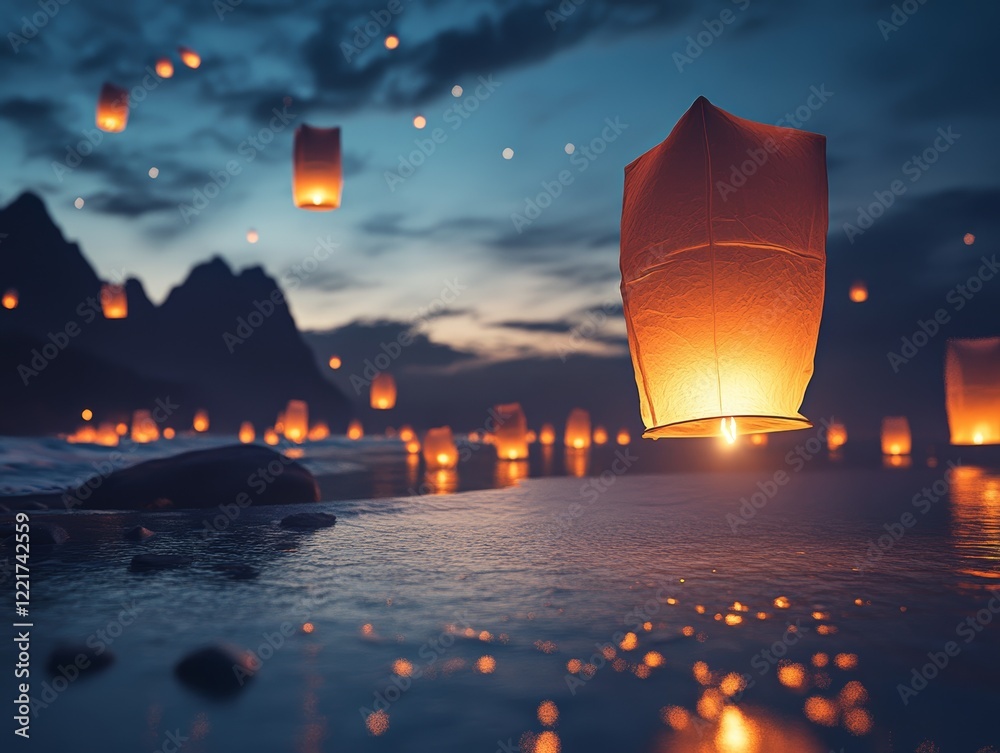 Obraz premium Many glowing sky lanterns rise into dark night sky - ai