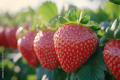 Ripe Red Strawberries Growing on the Vine photo