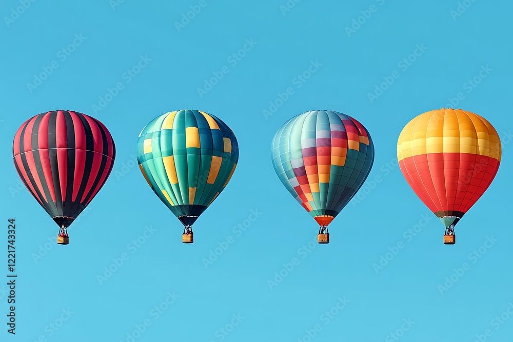 Obraz premium Four Colorful Hot Air Balloons Soar Against A Clear Blue Sky