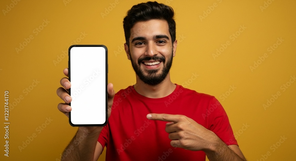 Young man showing smartphone in hand and pointing at it on yellow background, selective focus. Mockup for design
Young man showing smartphone in hand and pointing at it on yellow background, selective focus. Mockup for design