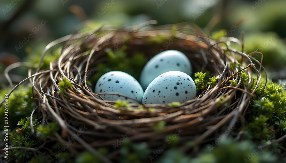 A nest with speckled eggs nestled in moss, symbolizing new beginnings and fragility, suitable for spring, nature-themed, or Easter related media A nest with speckled eggs nestled in moss, symbolizing new beginnings and fragility, suitable for spring, nature-themed, or Easter related media