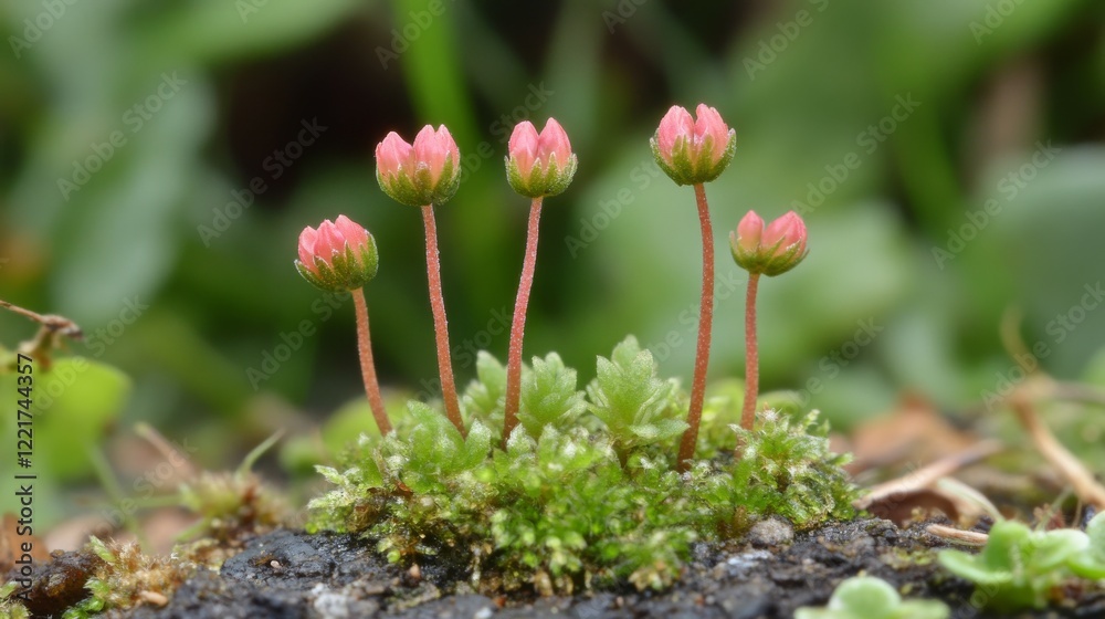 Delicate pink buds emerging from lush green moss in a natural setting. Delicate pink buds emerging from lush green moss in a natural setting.