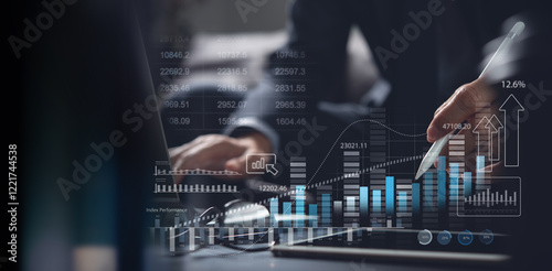 Businessman using digital tablet analyzing sales data and financial growth graph chart report. Business planning, strategy and development. Financial accounting. market research, data analysis