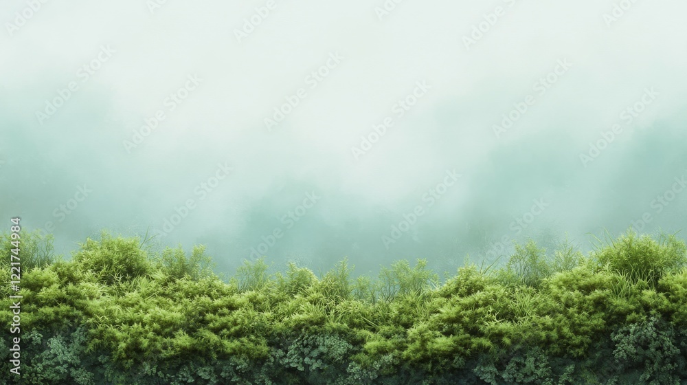 Obraz premium A serene landscape with a misty background and lush green foliage.