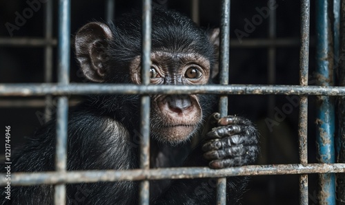 Baby monkey caged, looking sad, dark background, animal welfare concept