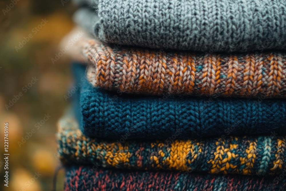 Stack of cozy knitted sweaters in autumnal colors. Perfect for fall fashion, home decor, or textile blogs.