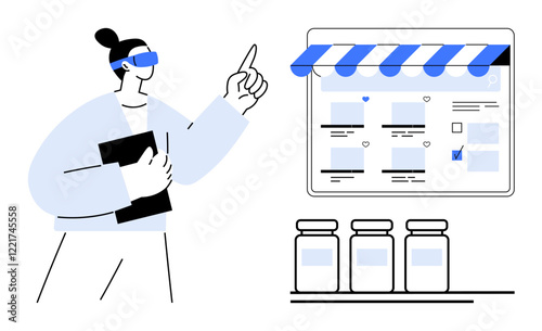 Person wearing virtual reality headset holding notepad and interacting with digital storefront display, above shelf with jars. Ideal for e-commerce, online shopping, virtual reality, digital