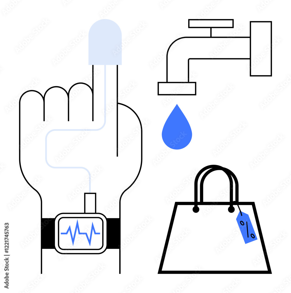 Obraz premium A hand with a smartwatch tracks health, a blue water drop from a faucet highlights conservation, and a branded shopping bag suggests consumerism. Ideal for technology, health, wellness, environmental