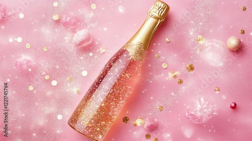 generic pink and gold champagne bottle with golden glitter on a pink background flat lay with copy space