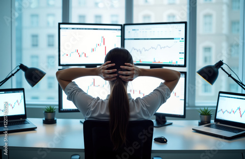 Female trader relaxes at desk reviewing stock exchange market data on multiple monitors. Looking at stock charts on numerous screens. Interior setting modern office. Investor watches data for