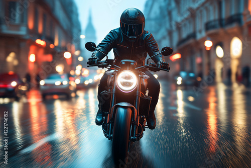 RIDE INTO THE NIGHT. Night Rider's Journey: A solitary figure navigates the vibrant, bokeh-blurred cityscape on a modern motorcycle, the illuminated headlight cutting through the urban darkness.