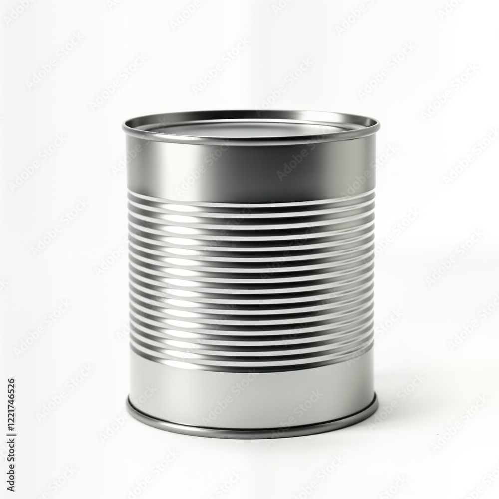 Empty metallic tin on white background. Food storage container. Durable, practical cylinder-shaped metal container. Commercial food preservation design. Versatile, clean design for canned goods Empty metallic tin on white background. Food storage container. Durable, practical cylinder-shaped metal container. Commercial food preservation design. Versatile, clean design for canned goods