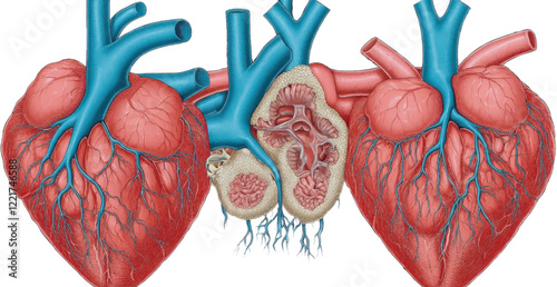 Detailed Medical Illustration of Human Heart Anatomy Showing Internal and External Structures, Valves, Vessels, and Cross-Section View