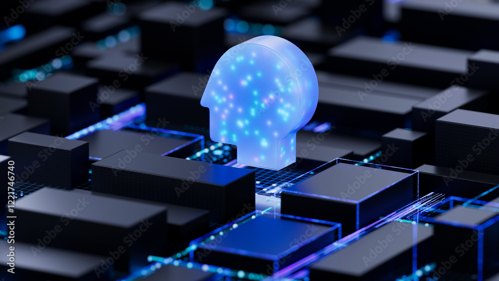 AI brain on circuit board symbolizes intelligence and technology integration. 3d rendering, conceptual image.