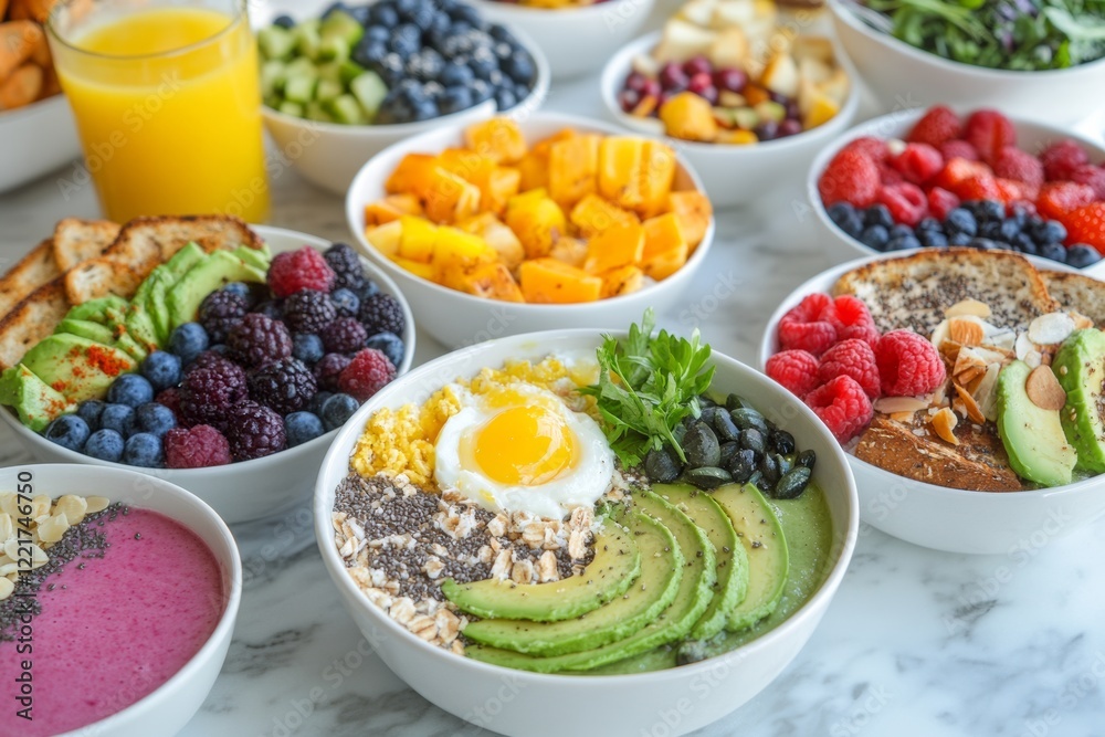 Vibrant brunch spread with fresh fruit bowls and healthy dishes Vibrant brunch spread with fresh fruit bowls and healthy dishes