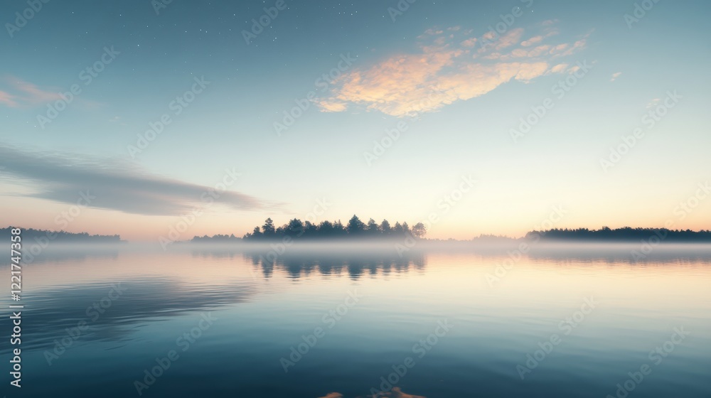 Tranquil Misty Morning Over Calm Lake with Reflections and Soft Colors Tranquil Misty Morning Over Calm Lake with Reflections and Soft Colors