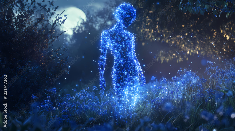 A serene bluebell inspired character with cascading floral patterns and soft blue glowing accents standing gracefully in a moonlit glade. Serene Glade. Illustration A serene bluebell inspired character with cascading floral patterns and soft blue glowing accents standing gracefully in a moonlit glade. Serene Glade. Illustration