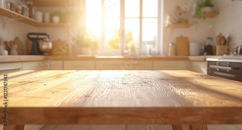 Blurred kitchen background with an empty wooden table for product display, focus on the center of with generative ai