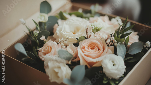 beautiful flower wreath in box, featuring soft pastel roses and greenery, perfect for gifting or decoration. arrangement exudes elegance and charm
