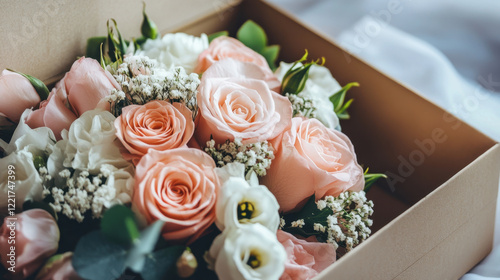 beautiful arrangement of pink and white roses in box, showcasing delicate flowers and greenery, perfect for gifting or decoration